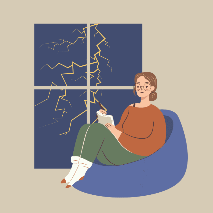 Icon zu Flash Fiction-Schreibworkshops, zeigt Frau vor Fenster mit Blitz.