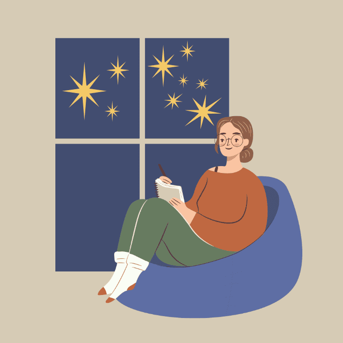 Icon zu Microfiction-Schreibworkshops, zeigt Frau vor Fenster mit Sternenhimmel.