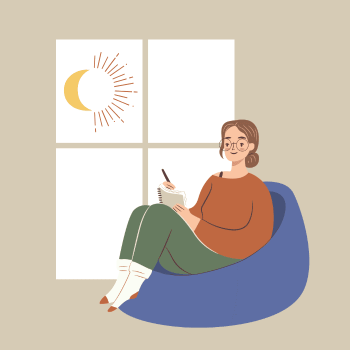 Icon zum Schreibsalon, zeigt schreibende Frau im Sessel vor Fenster.