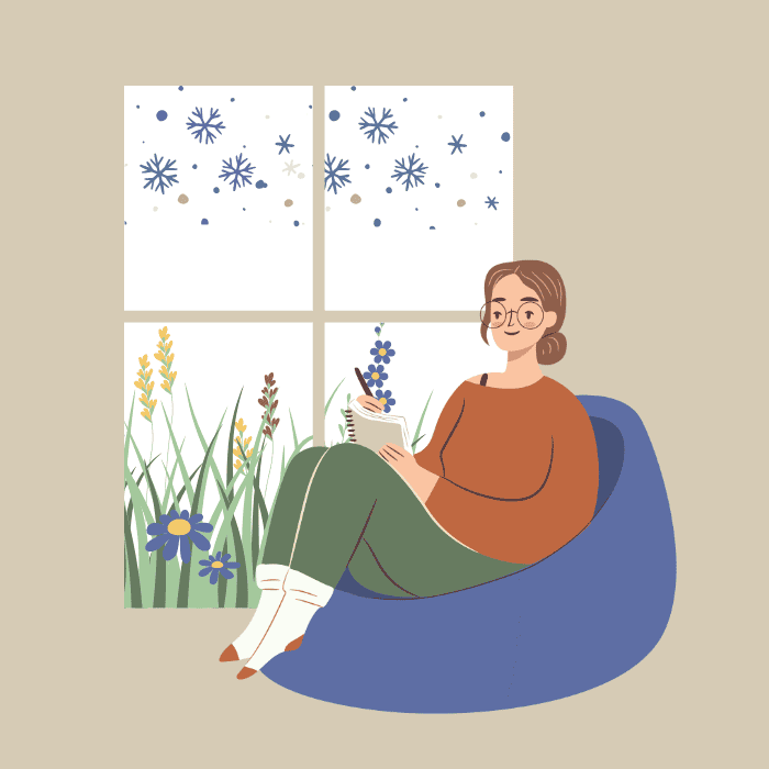 Icon zu Summer & Winter Sessions, zeigt schreibende Frau vor Fenster mit Blumen und Schneeflocken.