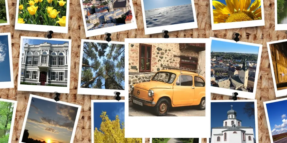 Bild zum Blogbeitrag "Bildimpulse für kreatives Schreiben", zeigt Urlaubsfotos an Pinnwand.